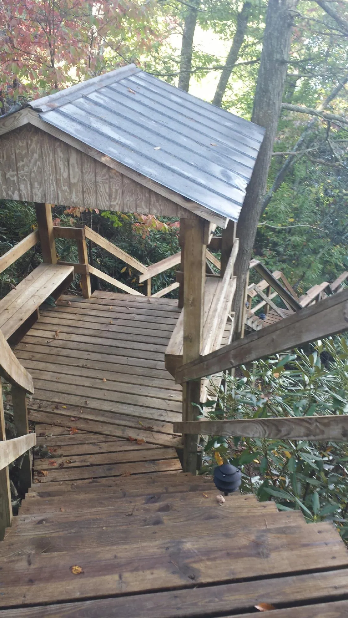 Metal roofed shelter over wooden steps on a wooded walkway — Skylight Repair & Installation work by our crew in Cottondale